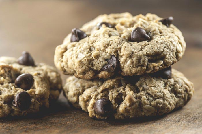 Macro view of three chocolate chip cookies with a shallow depth-of-field (DOF)