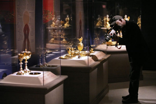 A member of the media films chalices used by various Popes throughout history during a special media preview of Vatican Splendors: A Journey through Faith and Art Thursday Jan 27, 2011 at the Museum of Art/Fort Lauderdale in Fort Lauderdale.  Museum of Art | Fort Lauderdale will host Vatican Splendors: A Journey through Faith and Art beginning January 29. ÊThe exhibition features nearly 200 rare works of art and historically significant objects, many of which have never left the Vatican.   Fort Lauderdale is one of only three U.S. cities to host Vatican Splendors.  (Museum of Art/Fort Lauderdale, David Adame)
